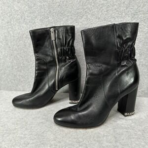 Michael Kors Black Leather Ruched Ankle Boots Chain Block Heel Womens 8.5M